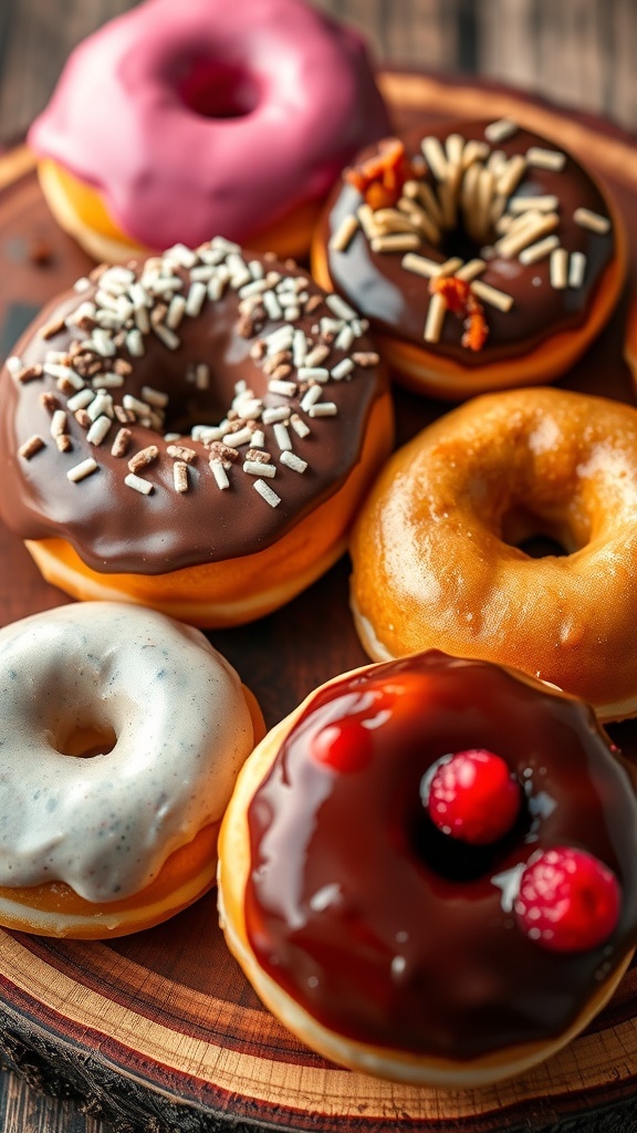 An assortment of colorful donuts including glazed, chocolate frosted, maple bacon, and raspberry jam-filled, displayed on a wooden platter.